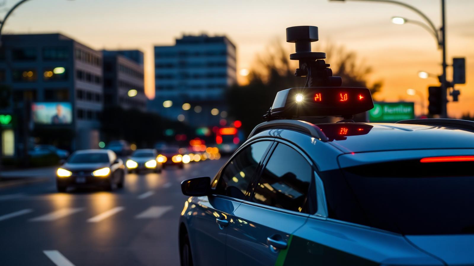 Autonomous test vehicle with roof-mounted lidar on a city street at dusk