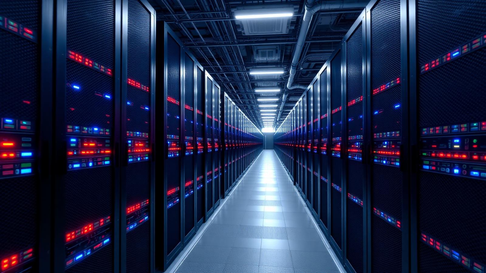Aisle of server racks inside a hyperscale data centre