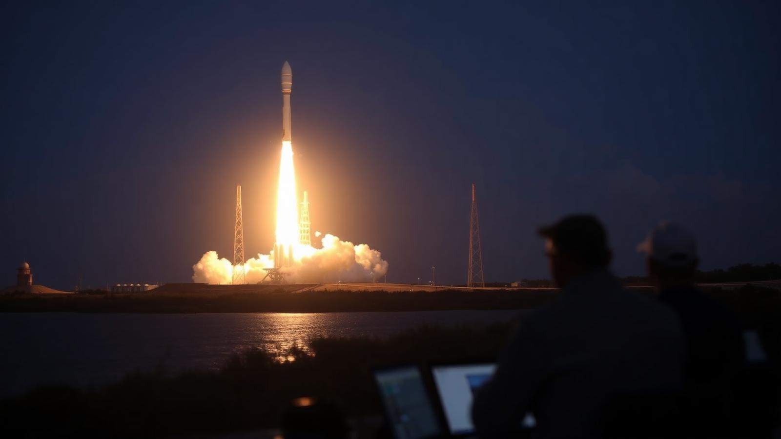Rocket lifting off from a coastal launch pad at dusk